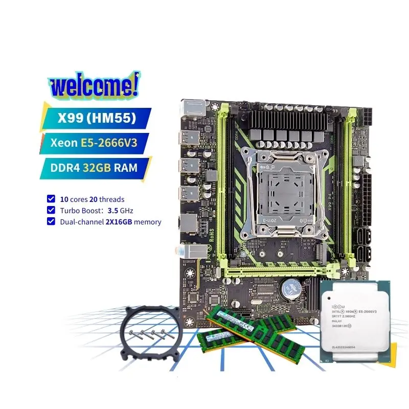 PANDL X99 HM55 Mainboard Combination set with e5 2666v3 combo ddr4 32gb ram 2666v3 motherboard kit xeon x99