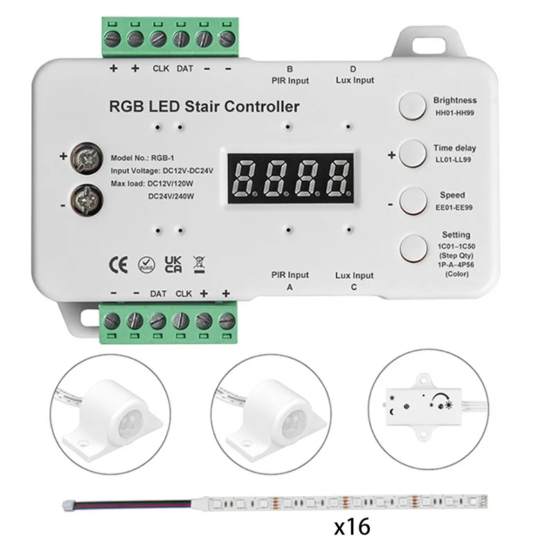 RGB smart dimmable motion sensor LED stair light kit DC 12V human sensor step light strip IP68 1m 16-25 channel led light bar