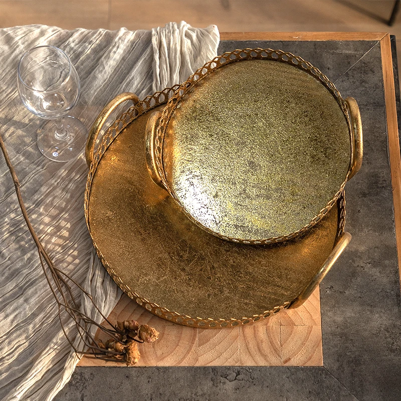 Decorative Tray Retro Gold Metal Round Mirror Tray Iron Vintage Style Decoration Tray Decorative Accents