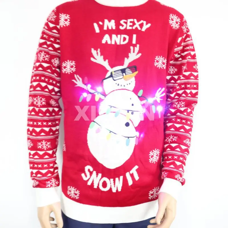 Led lights Ugly Christmas knit cardigan sequin embroidery jacquard sweater with pompoms and bells winter knit pullover and Gifts