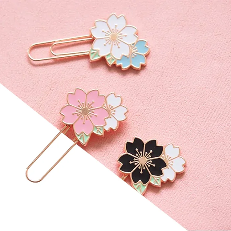 Custom Cherry Blossom Paper Clip Metal Enamel Flower Bookmarks For Binder Clips Photos Tickets Holder Documents Letter Clamp