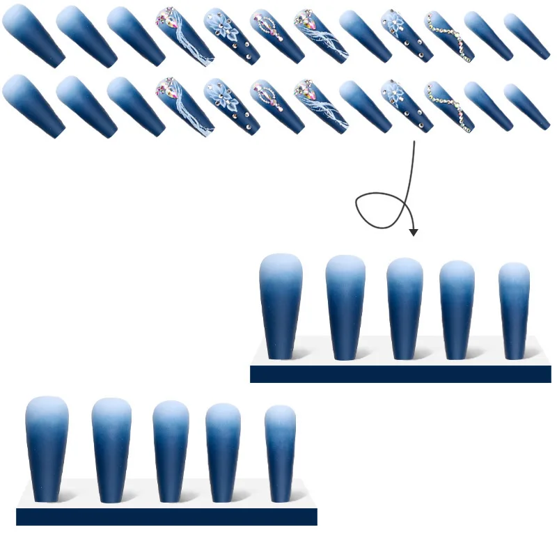 Long Press on Nails Coffin Dark Blue Gradient False Nails with White Flower Diamonds Design Glue Reusable Acrylic Fake Nails Gel