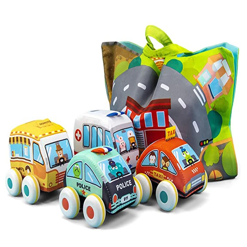 Pull-Back Vehicle Soft Baby Toys Toddlers Plush Car Toy Set 4 Cars with Play Mat Storage Bag 1 2 3 Year Old Toys