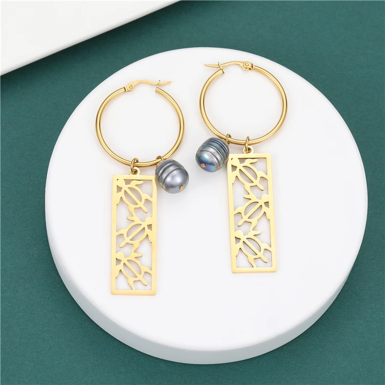 Custom stainless steel gold plated carved turtle feather Hawaiian freshwater pearl necklace earrings jewelry set