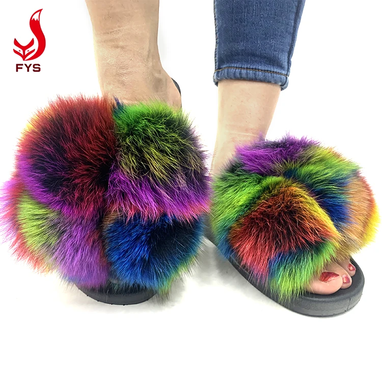 
New trendy mixed color 6 balls fur flat slipper sandals fox fur pom pom slides for women and baby 