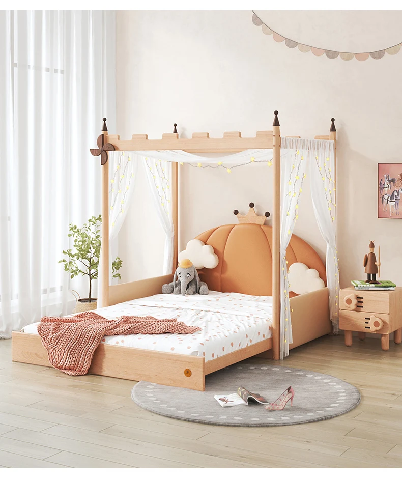 Pumpkin castle bed retractable bed solid wood children's bed girl boy pull broaching bed_9