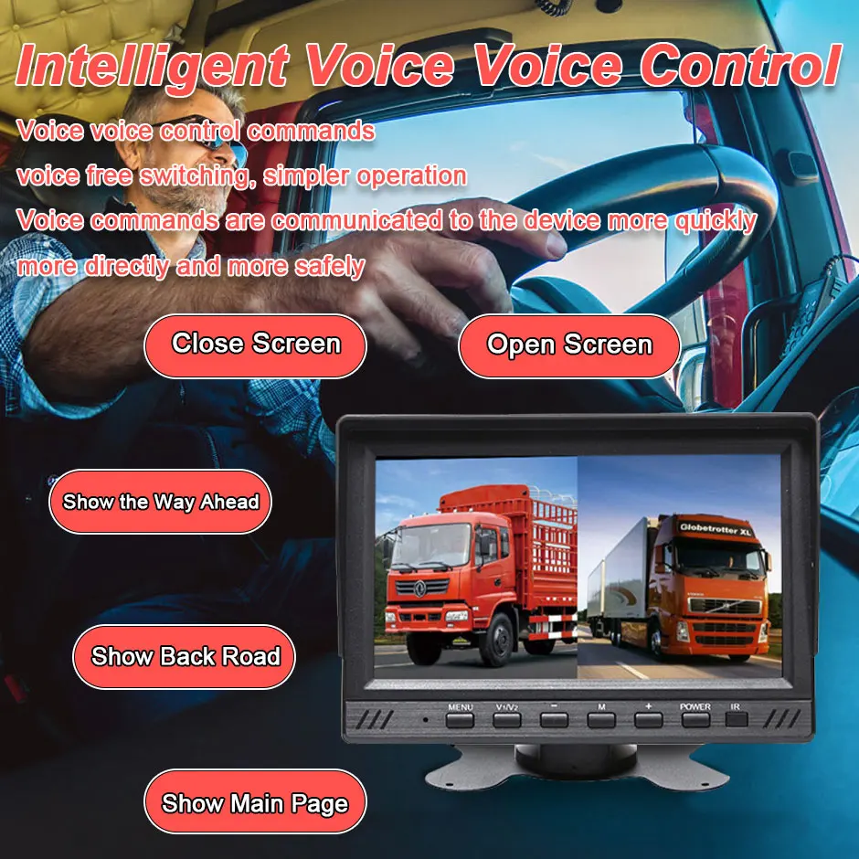 7 Inch 1080P AHD Truck Backup 2 Camera Monitor Waterproof IP68 Truck DVR Function With Reversing Radar Assistance PZ-612 2AHD