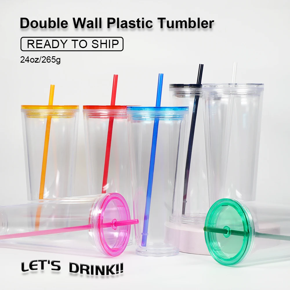 Custom clear boba cup bubble tea cups juice water reusable double wall acrylic plastic tumblers with lid and straws