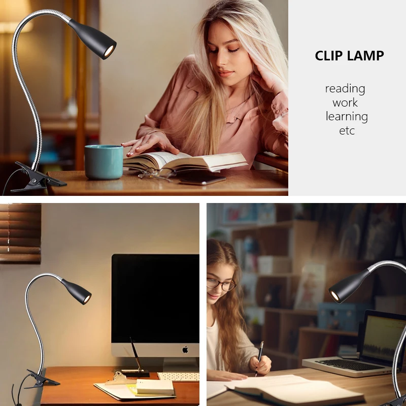 Eye-Caring LED Reading Light 360° Flexible Clip on headboard lamp 3W 3000k Desk Lamp with Clamp for Workbench