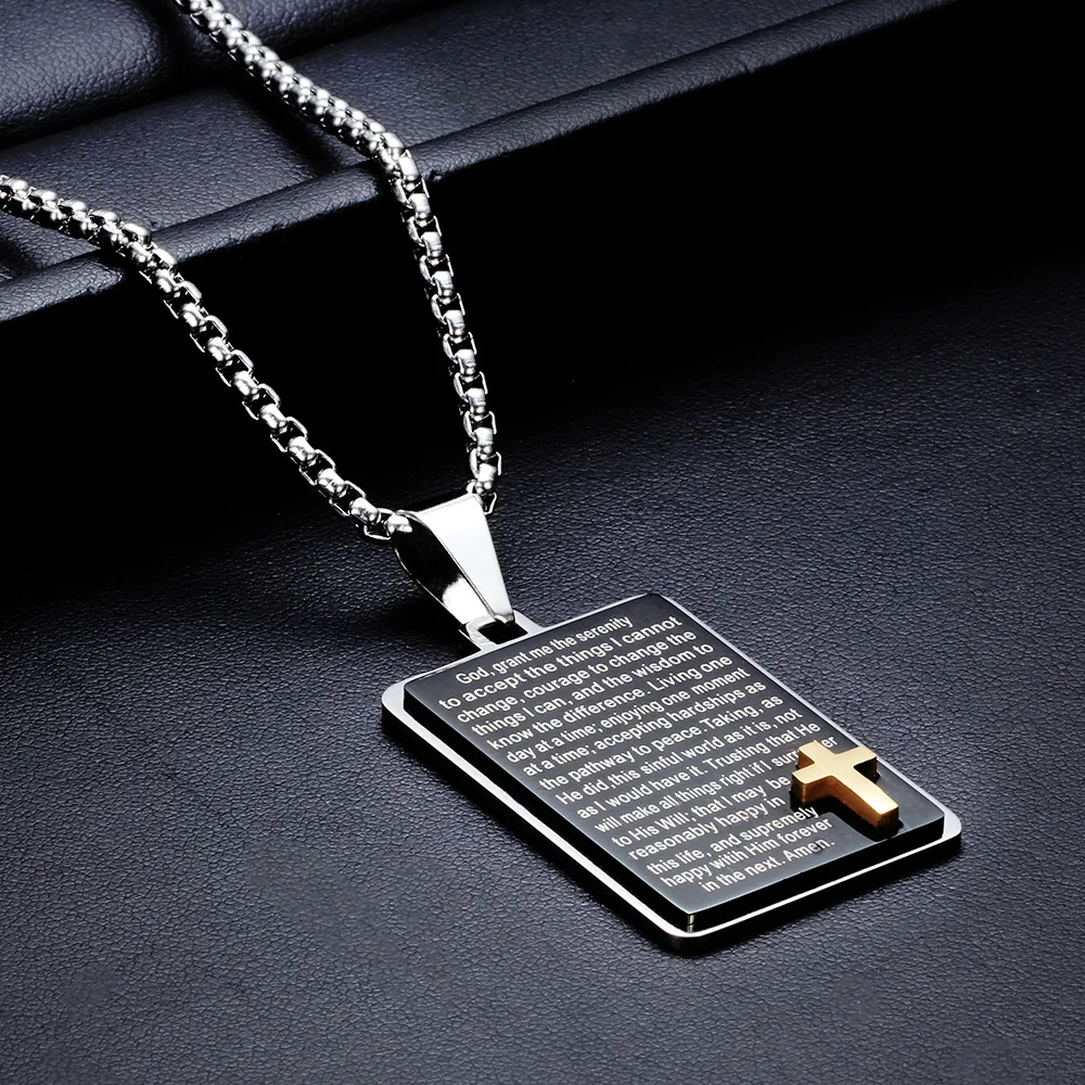 Bible Cross Prayer Religious Christian Waterproof Tarnish Free Stainless Steel Fashion Jewelry Pendant Necklaces for Men Male