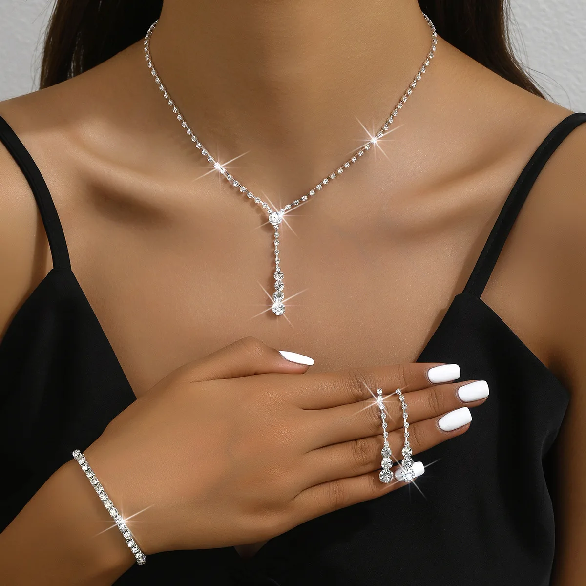 JOYFFO Silver Rhinestone Wedding Jewelry Set Brides Bridesmaids Formal Costume Jewelry including Necklace Prom Jewelry Women