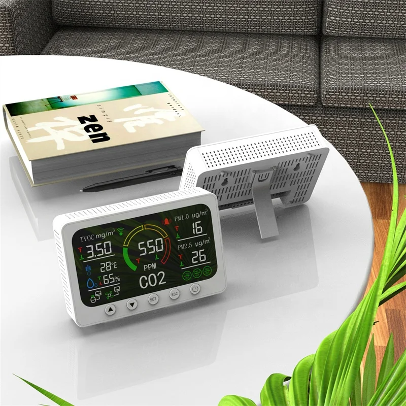 8 in 1 Greenhouse Tuya PM2.5 WiFi Smart NDIR co2 PM2.5 Sensoor indoor Air quality Mnitor portable  co2 Monitor White black