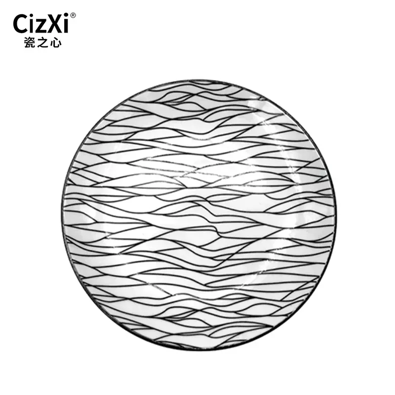 Nordic Japanese Zephyr style water wave printing tableware snack dishes dessert round ceramic plate for restaurant hotel home