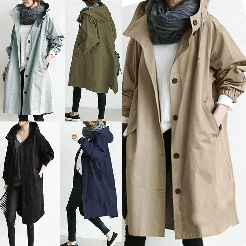 Women Fashion Trench Coat Spring Autumn Casual Hooded Medium Long Overcoat Loose Windproof Coat Korean Trendy Large Size