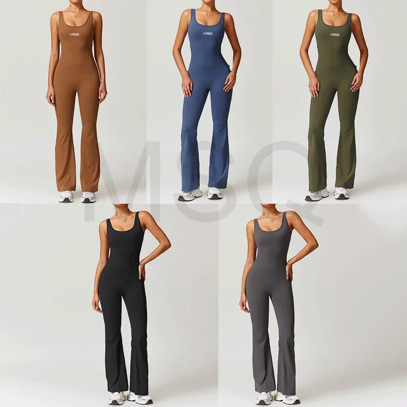 Custom Logo gym Clothes Pockets Scrunch Butt Workout Bodysuit flare pant One Piece Gym Fitness Jumpsuits Yoga Jumpsuit For Women