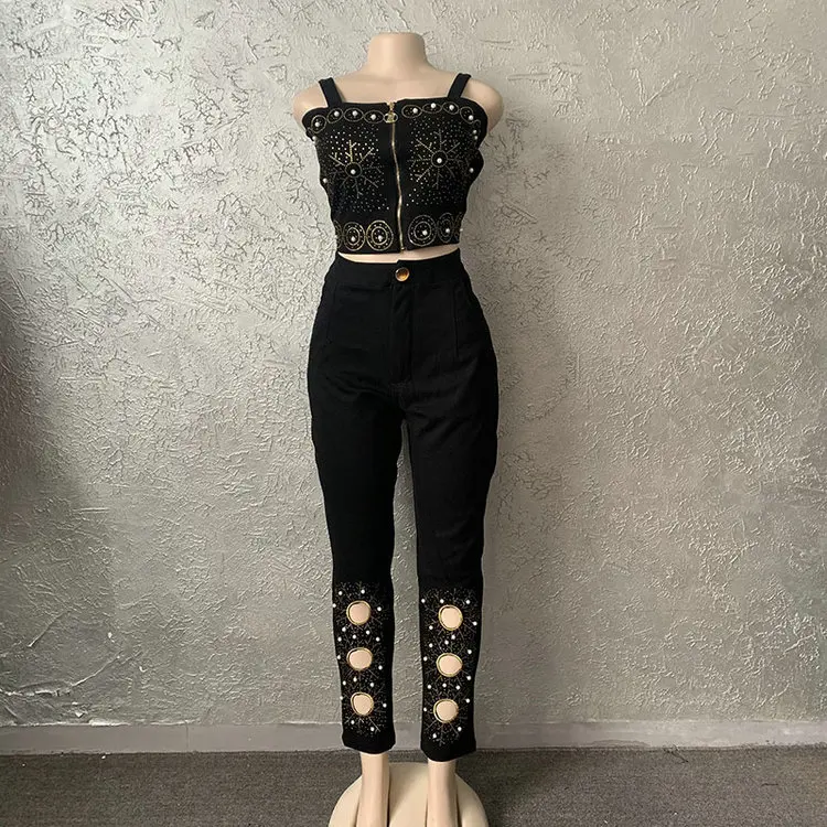 Женский Джинсовый укороченный комплект из 3 предметов с вышитым бисером логотипом на заказ