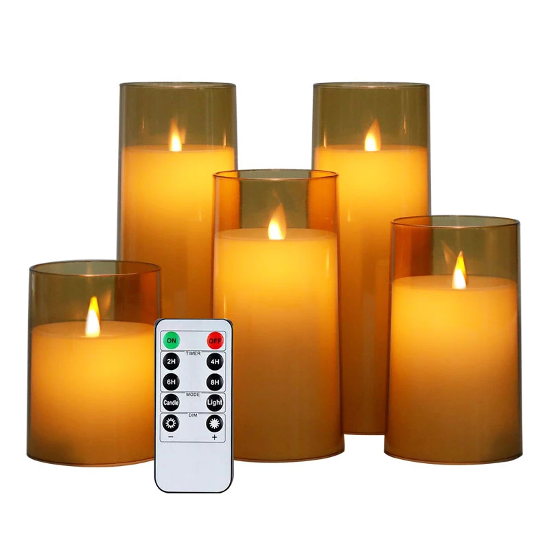 Wholesale Plastic LED Candle Set Pillar Remote Control Electric Candles Moving Flame Glass Candle Light
