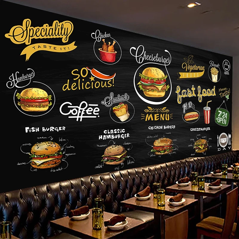 Custom Mural Hand Painted Blackboard Pizza Hamburger 3D Photo Wallpaper Kitchen Restaurant Background Wall Decor Papier Peint