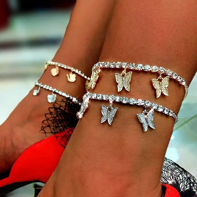 Diamond Butterfly Design Fashion Summer Beach Barefoot Sandals Ankle Foot Accessories Gold Filled Zircon Anklet for Women