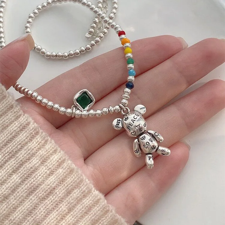 S925 Sterling Silver Colored Beads Love Peace Bear Bracelet and Necklace for women