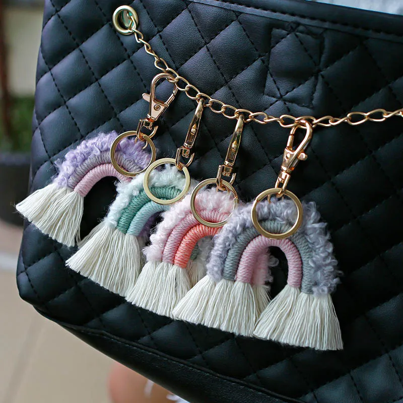 Handmade Boho Weaving Macrame tassel Rainbow Plush Keychain For Women Key Holder Macrame Rainbow Keyring Bag Girly Key chains