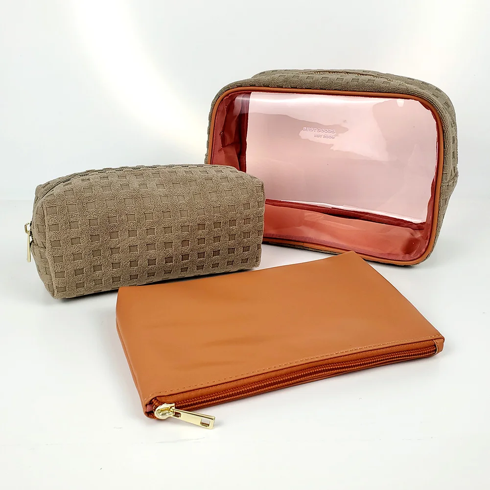 3 in 1 transparent PVC clean high quality towel terry cloth makeup set bag travel cosmetic bag set travel toiletry bag for Women