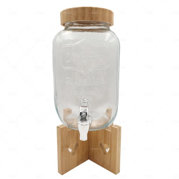 Wholesale 1 Gallon  2 Gallon Bamboo Lid Glass Juice Drink Beverage Dispenser Mason Jar with Tap and Wood Stand