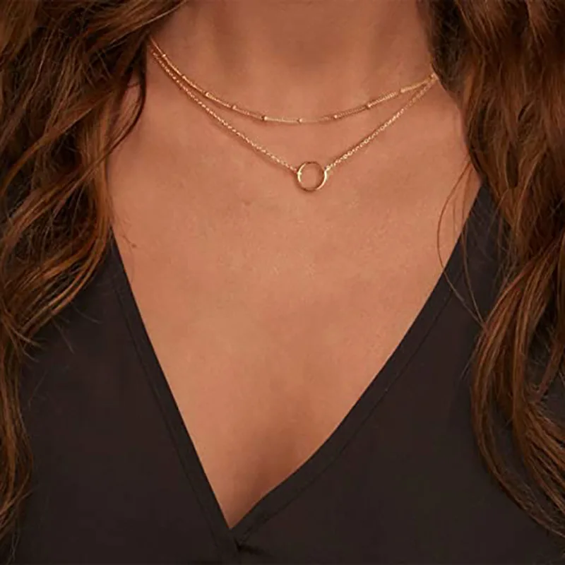 Cross-border Vintage Minimalist Double Layer Collarbone Chain Copper Bead Loop Pendant Necklace