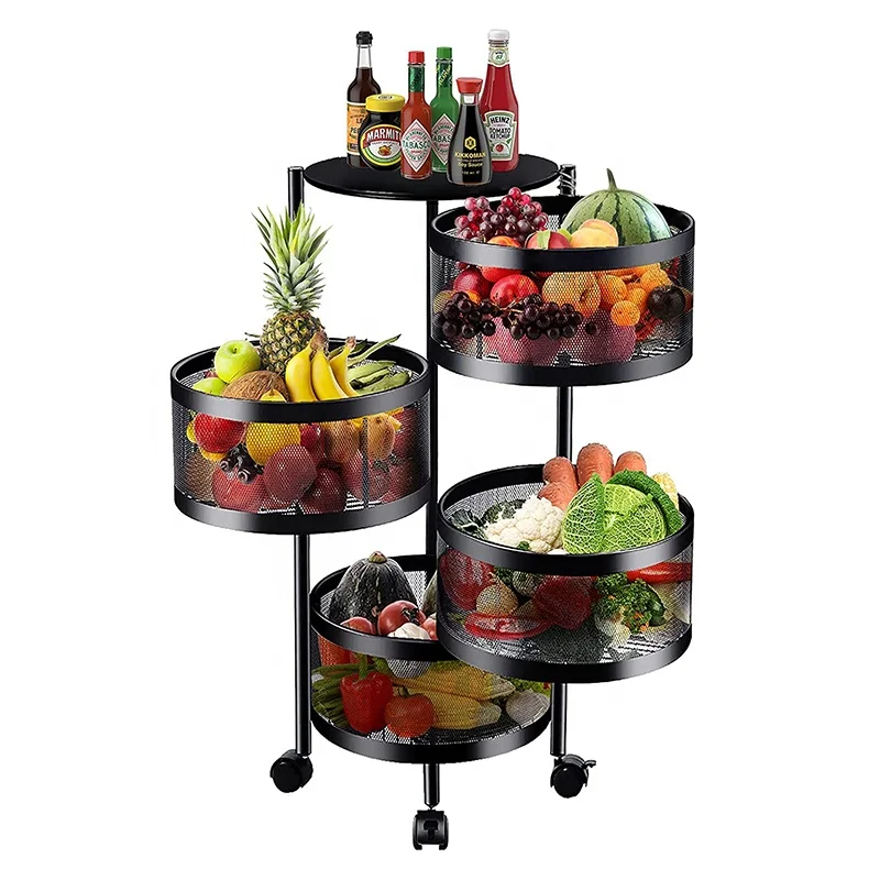 Kitchen Rack Circular Rotation Multi-Layer Storage Rack Vegetable Fruit Basket Storage Rack Plastic Rolling Storage Trolley Cart