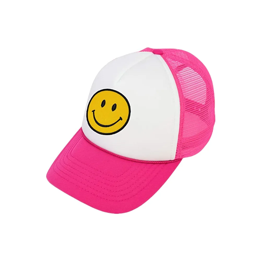 Customized New Product Smile Face Retro Mesh Baseball Cap with Smile Patch Foam Neon High Crown Trucker Hat