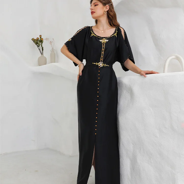 Latest 2024 Eid Ladies Arab Clothes Off The Shoulder Sleeve Muslim Evening Dress Satin Dubai Abaya With Beads