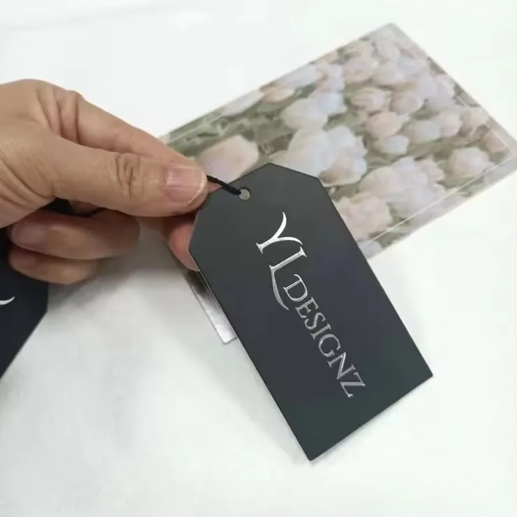 Custom Black Knotted Strings Hanging Clothe Personalized Print Name Paper Luxury Swing Tag For Clothing Hangtag