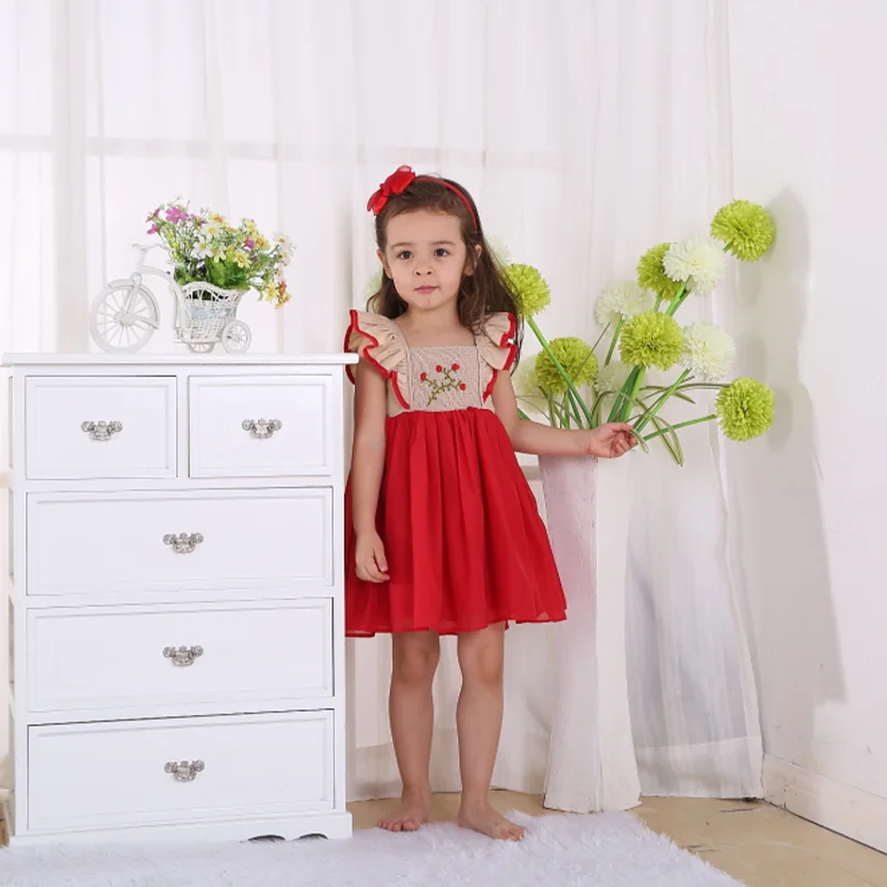 2023 New fashion design lace baby girl wedding dress for 1 to 5 year kids red embroidered lace dress for kids