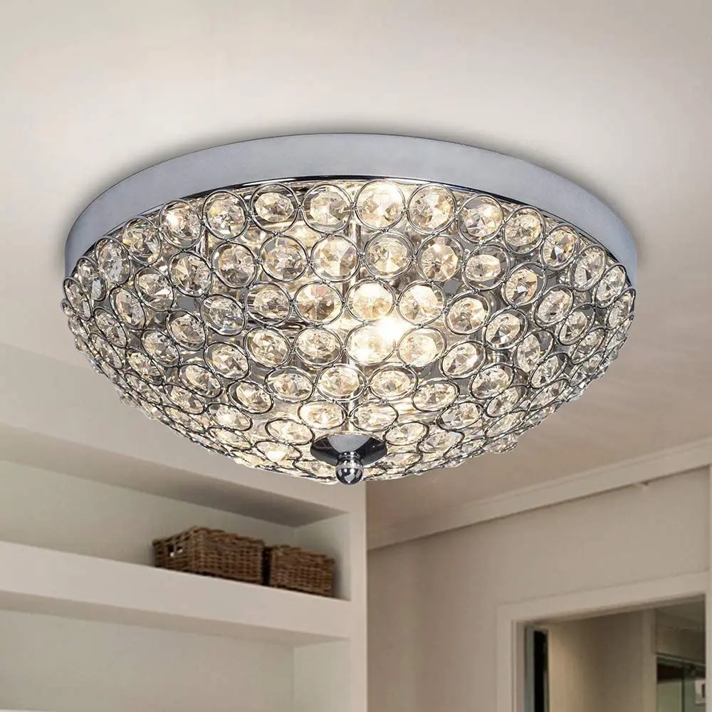 Flush Mount Chrome Finish Modern Crystal Chandelier Ceiling Light Bowl Shape Ceiling Light Fixtures