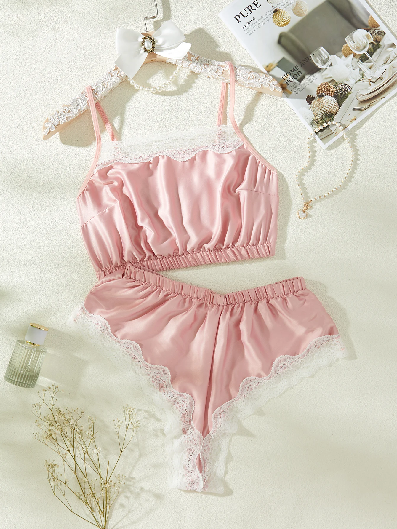 Sweet girl white lace bedroom sleep lingerie pink night pajamas set