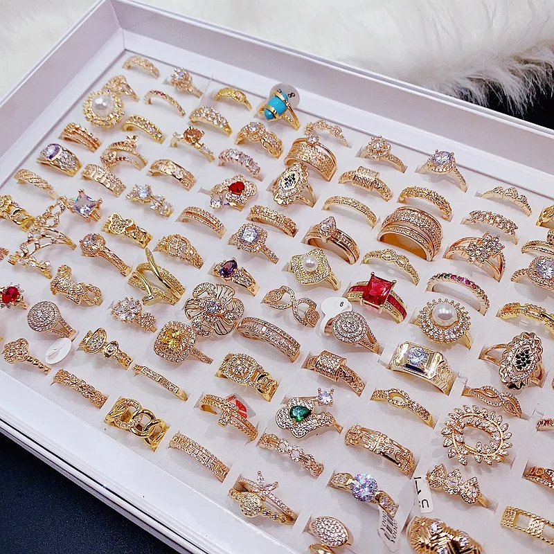 Aug Jewelry Mixed Wholesale Zircon Micro-inlaid Fashion European and American Style Gold-plated True Color Bowling Ring