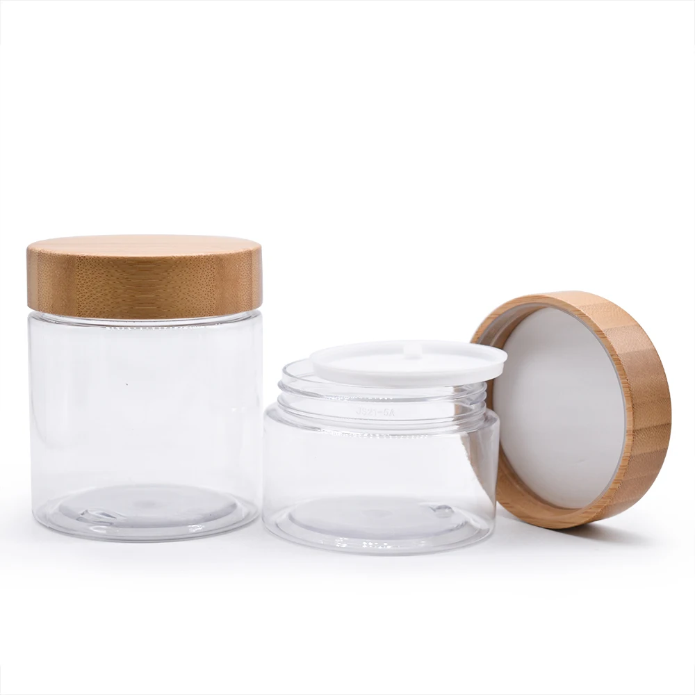 8oz plastic jar bamboo lid PET amber jar with bamboo wooden lid plastic jar best seller