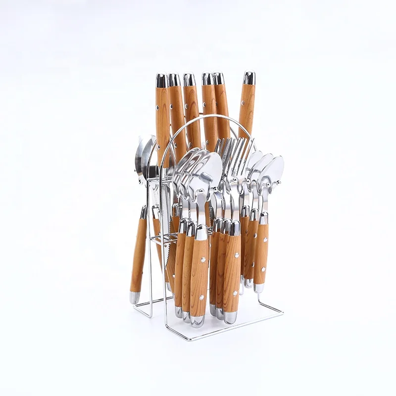 A top grade stainless steel knife, fork, spoon and beech wood handle, spoon and knife 24 pieces set tool holder set