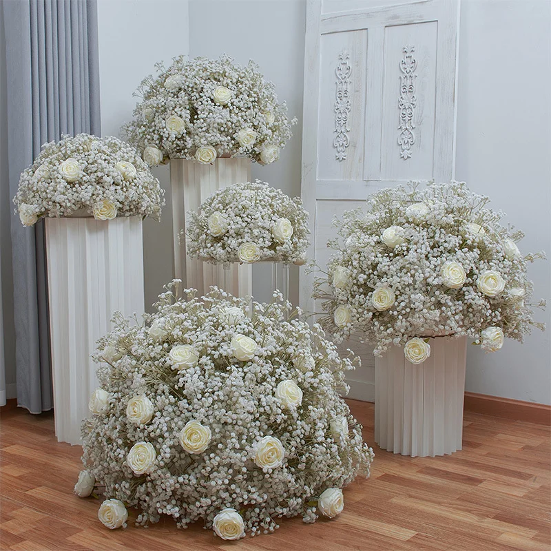 QSLH-F394 factory new design high quality artificial babys breath and rose flower ball for wedding decoration