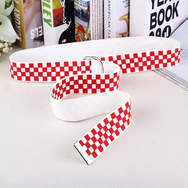 Chinber Fashion Black Red Plaid Pattern Double D Ring Canvas Waist Belts