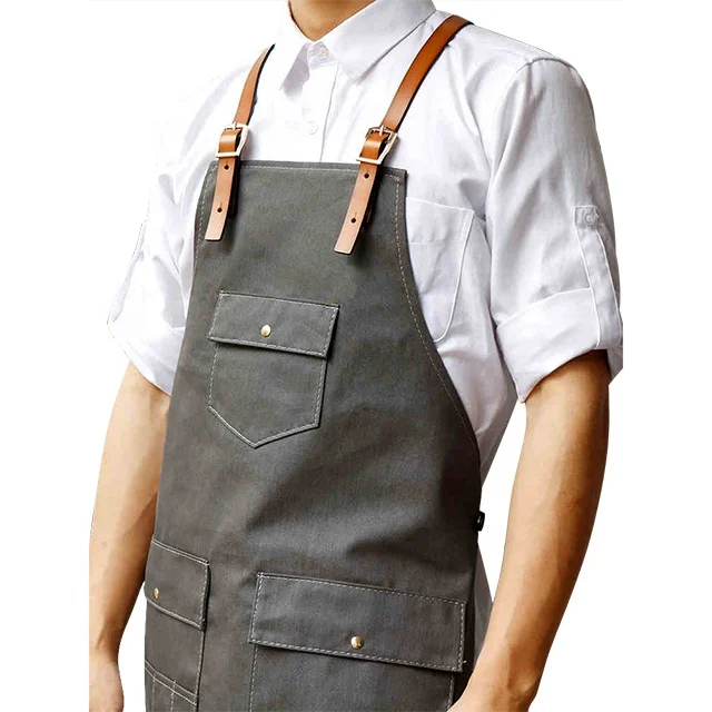 Grey Wholesale adjustable denim Bib Apron Leather Strap Barista Baker Work Uniform Bartender Bbq Chef Cook