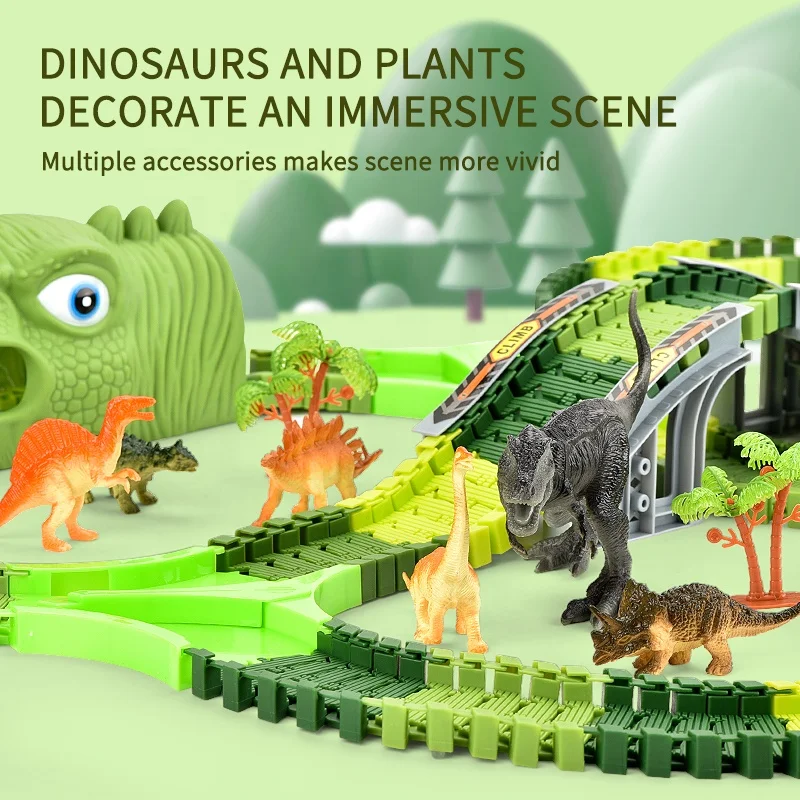 DIY Assemble Electric Dinosaur Track Car With Lights Dinosaur Theme Park Scene Rail Slot Toys Dinosaur Vehicles For Kids