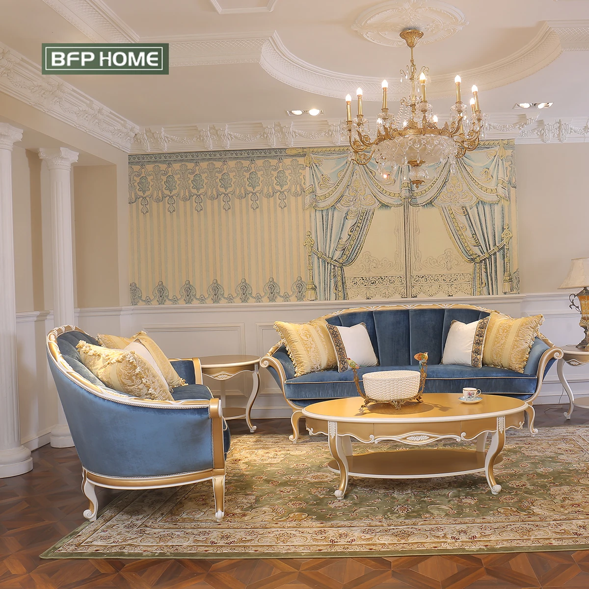 BFP Home One Stop Furniture Luxury and Classic Royal French Designs Sofa set Hand Carved Furniture Solid wood sofa