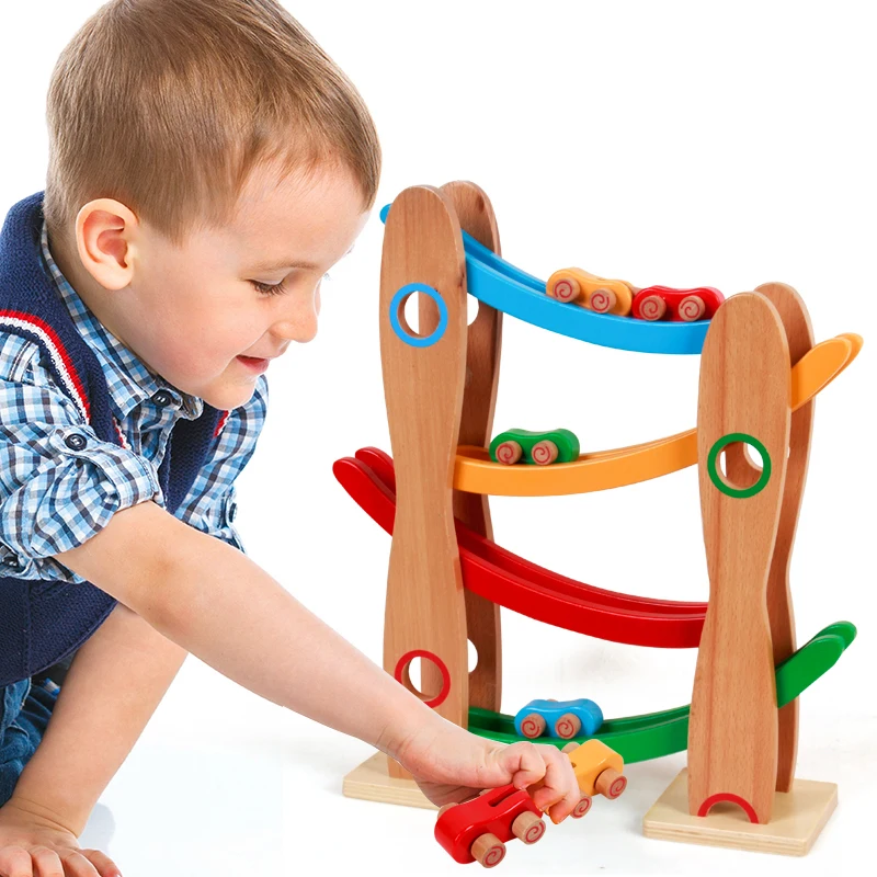 Montessori Wooden Race Car Track - Car Ramp Toddler Boy Toys - Premium Solid Toys Wooden Kids Race Track Car Tracks Education