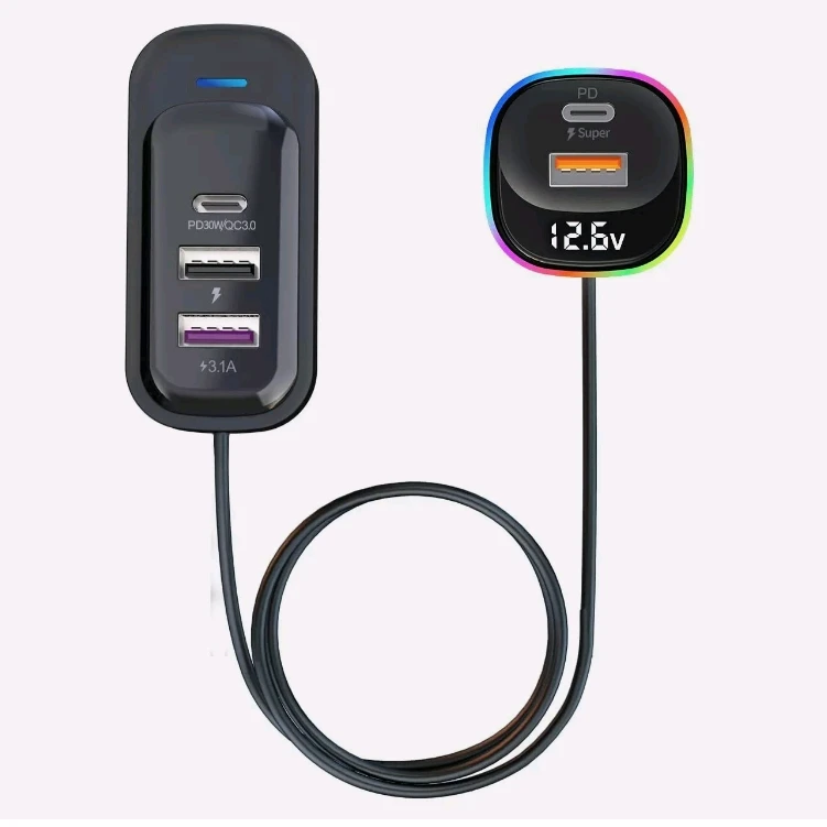ADYQ5 Mini Car Charger Quick Charge PD30W QC3.0 3 USB Port Car Charger With 7 Color Ambient Light