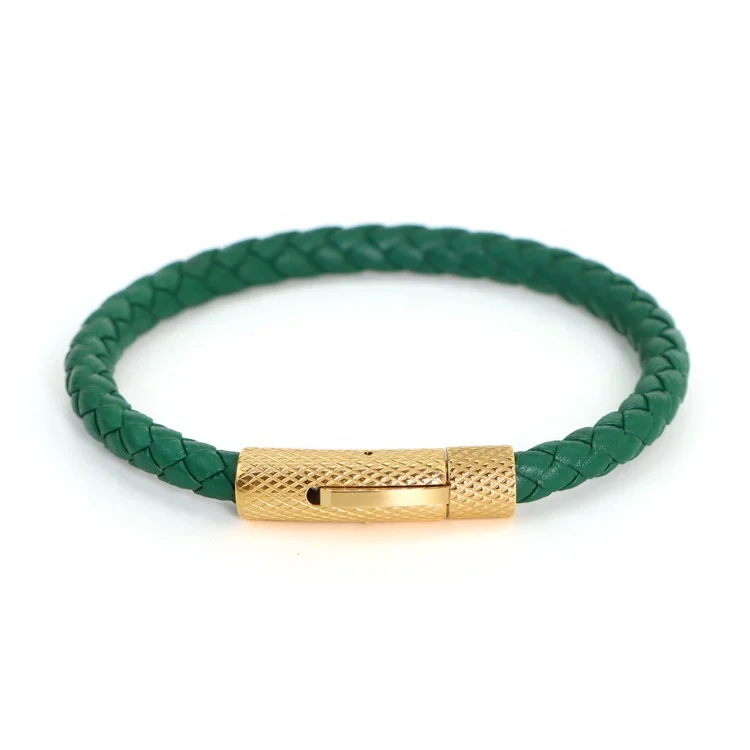 Fashion Simple Men Leather Bracelet 6mm Dark Green Leather Bracelet Stainless Steel Buckle Leather Wrap Bracelet for Boy Gift