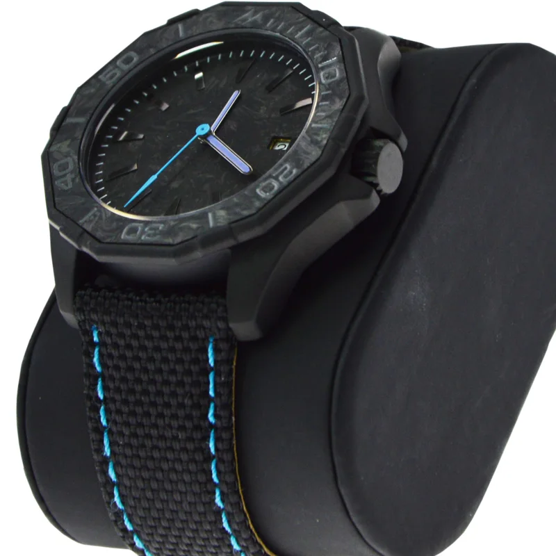 High Quality Customer Black Forged Carbon Fiber Nylon Strap Case Bezel Quartz Watch