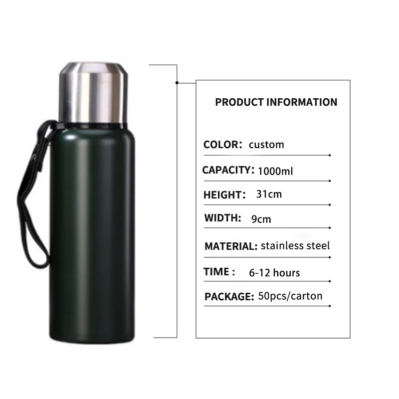Custom logo 1000ml large capacity blank  304  stainless steel tea thermos vacuum flask with lid