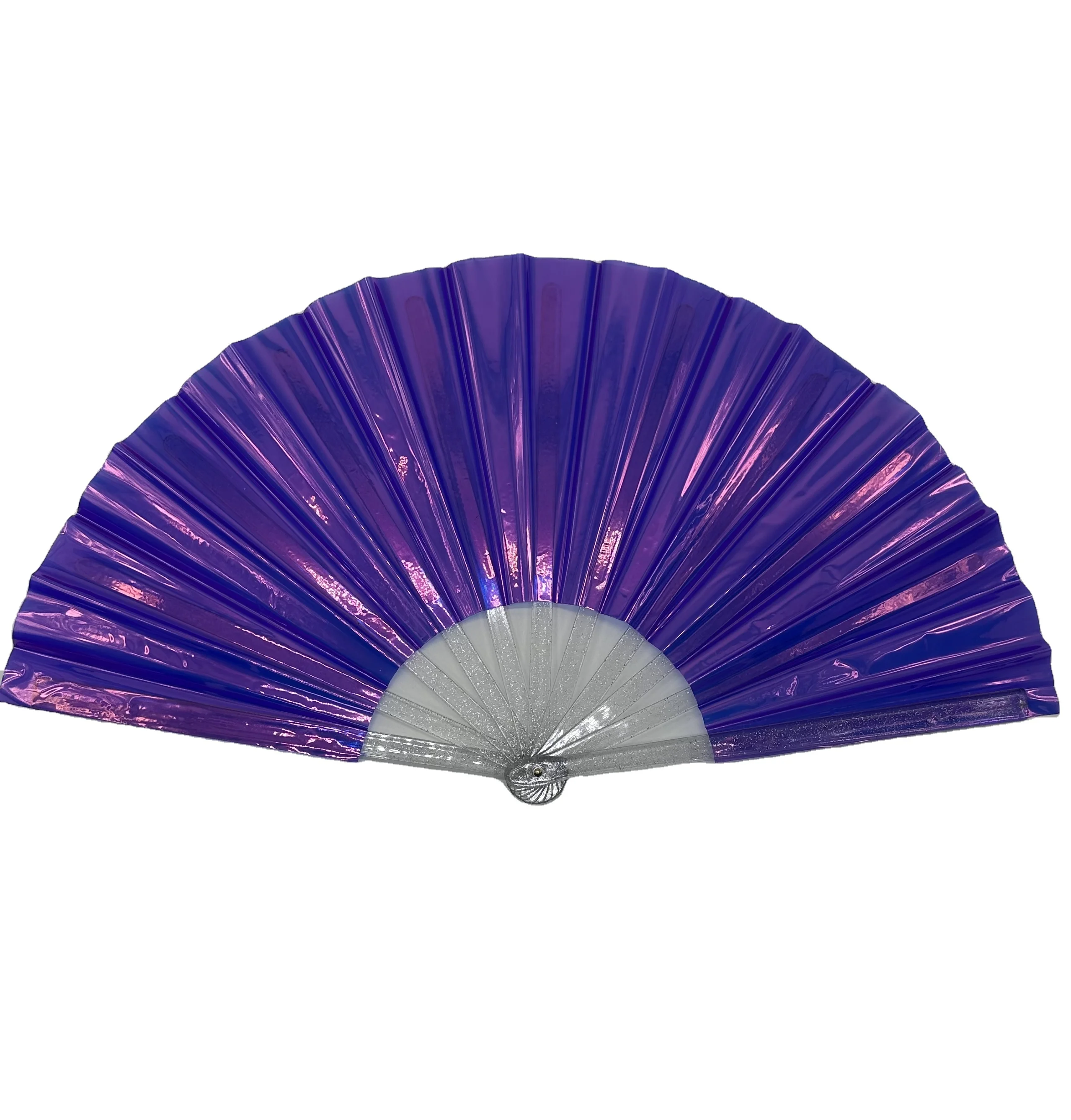 Hot sell high quality  durable Custom printed Cool Iridescent reflective bamboo PVC large hand fan