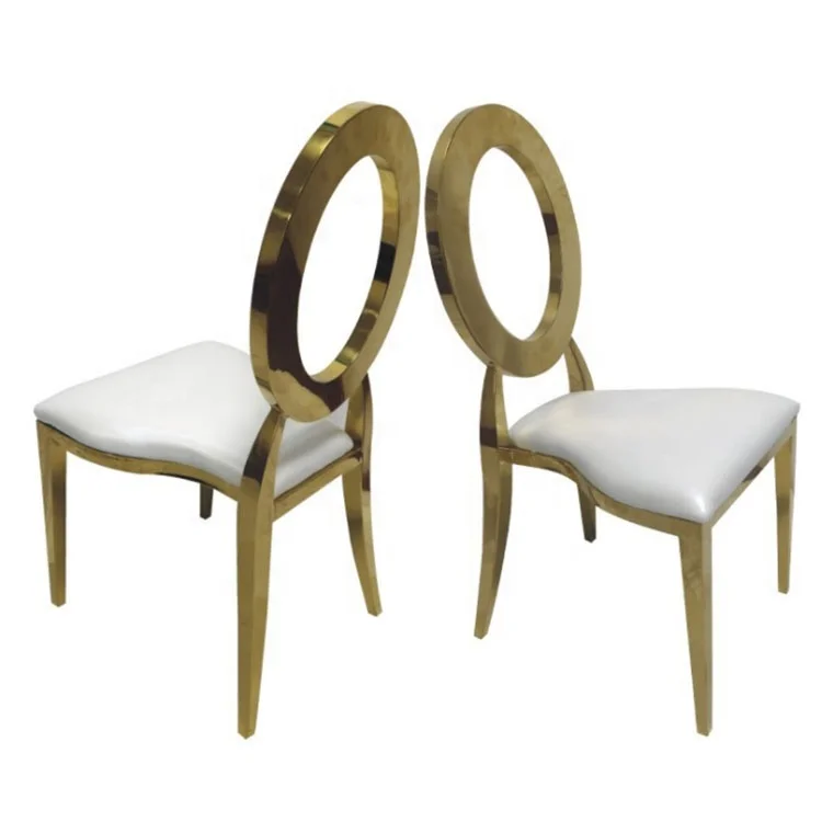 High back leather cushion stainless steel elegant dining banquet chairs events gold oval back wedding chairs